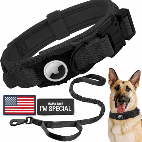 Tactical AirTag Dog Collar Leash Set - Heavy Duty, Adjustable GPS Collar Compatible with Apple AirTag, with Holder & Control Handle for Medium/Large Dogs [ Black, M ]