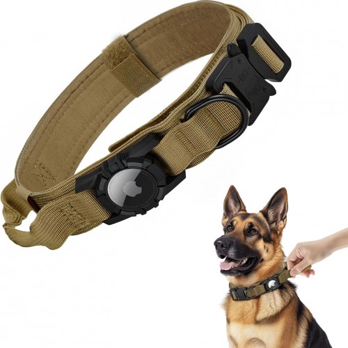 Tactical AirTag Dog Collar - Heavy Duty, Adjustable GPS Collar Compatible with Apple AirTag, with Holder & Control Handle for Medium/Large Dogs [ Brown, M ]